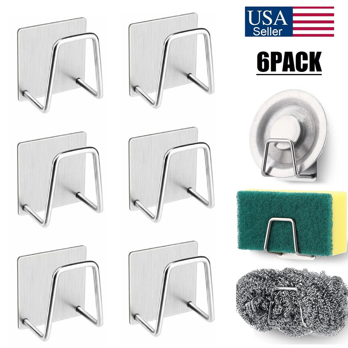 6Pcs Stainless Steel Adhesive Sponge Holder Sink Caddy for Kitchen Organization