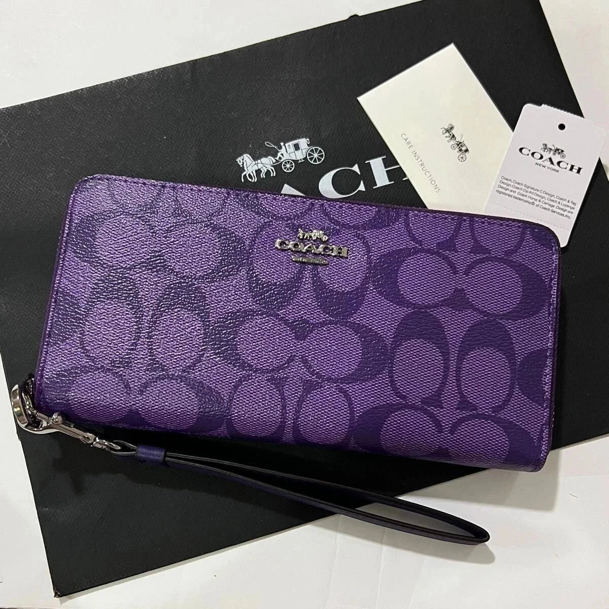 Coach Long Round Zip Wallet with Strap – Purple Signature