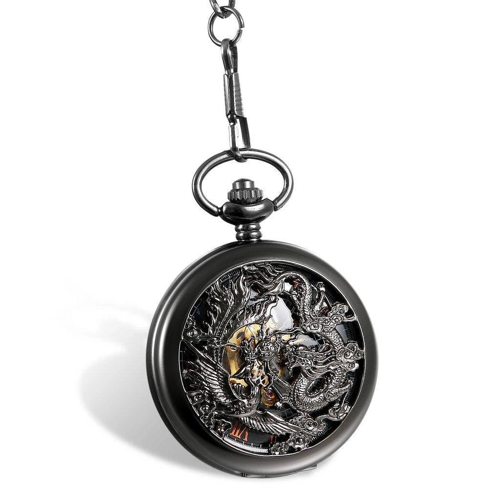 Phoenix & Dragon Skeleton Mechanical Pocket Watch Pendant