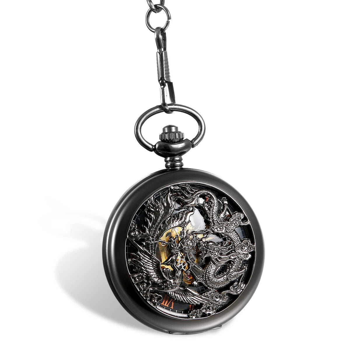 Phoenix & Dragon Skeleton Mechanical Pocket Watch Pendant