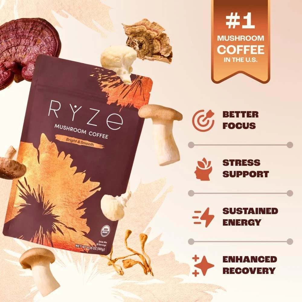 RYZE Mushroom Coffee – 30 Servings, USDA Organic