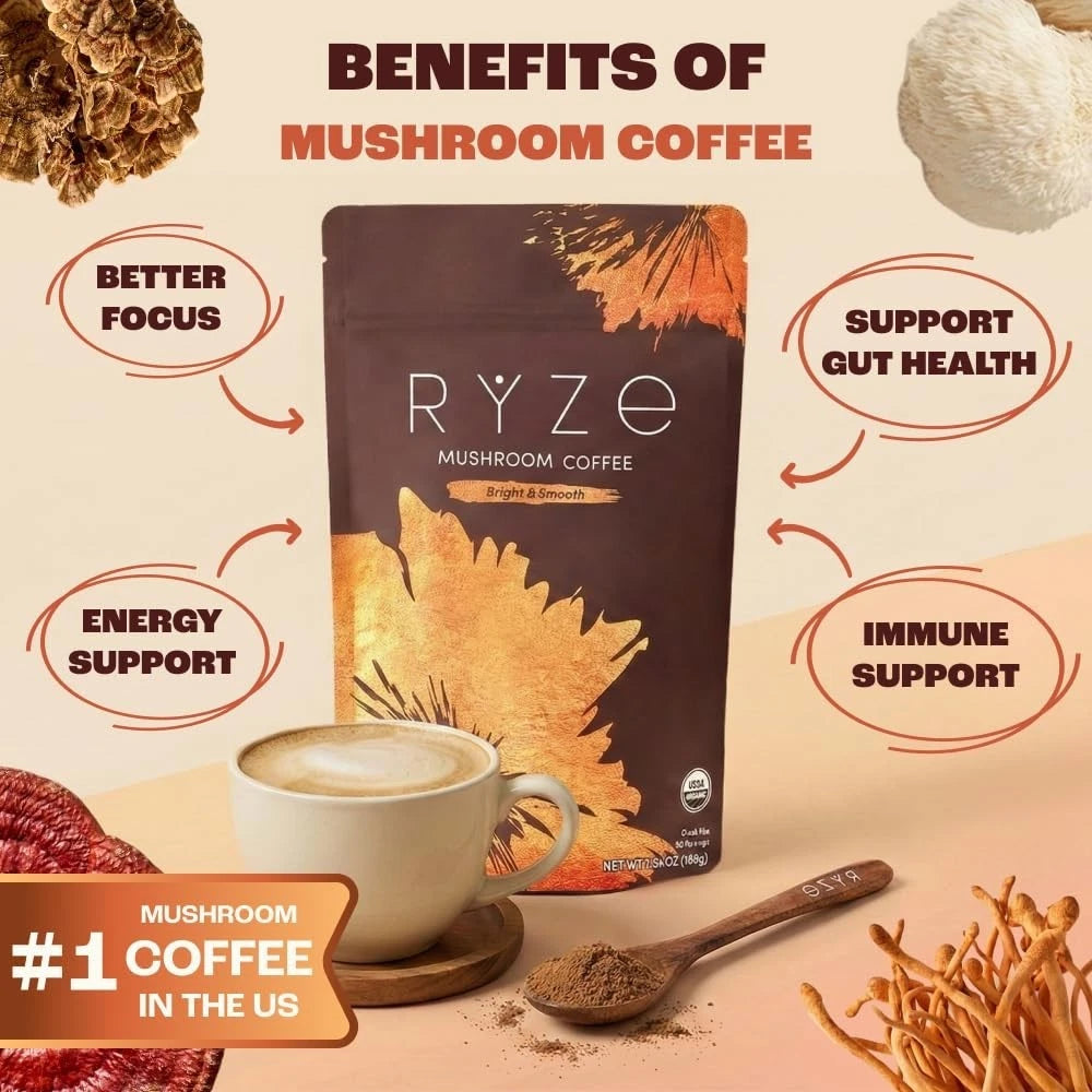 RYZE Mushroom Coffee – 30 Servings, USDA Organic
