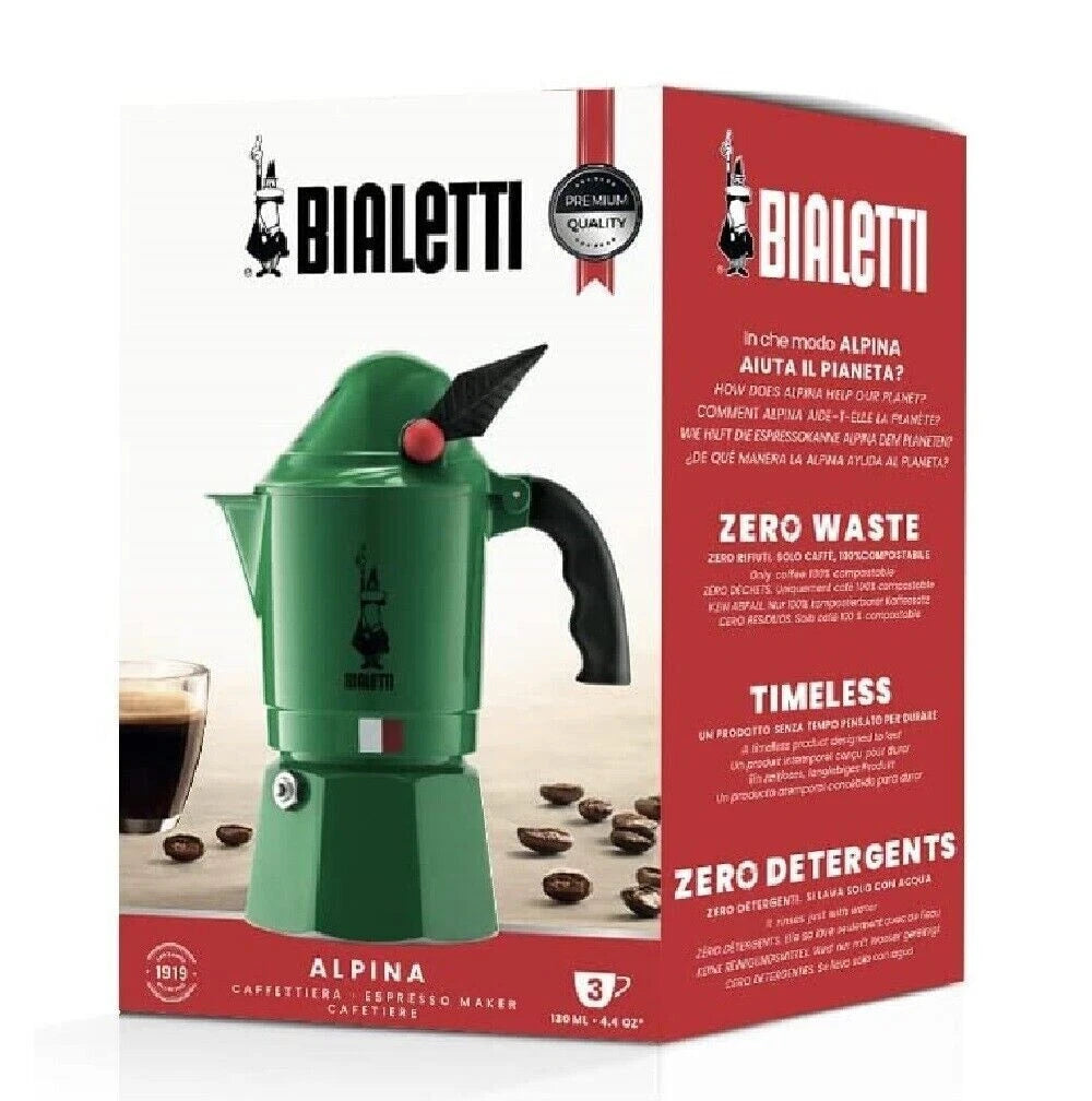 Bialetti Moka Alpina 3-Cup Green Stovetop Coffee Maker, Aluminum Espresso Pot
