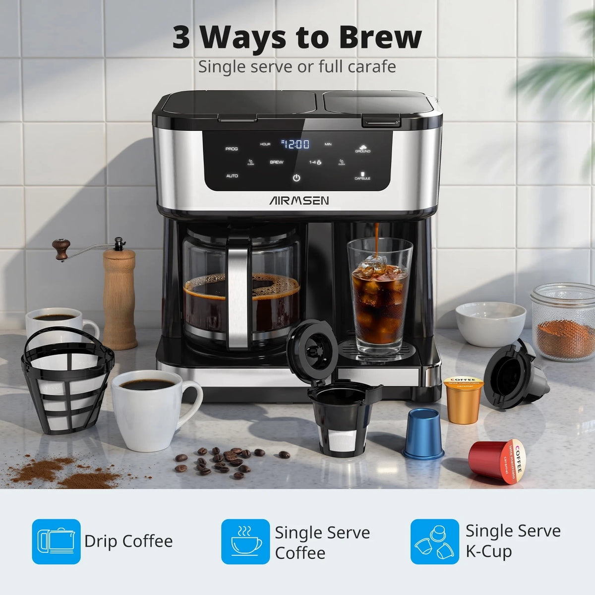AIRMSEN HR-CM307U 12-Cup Dual Brew Coffee Maker with K-Cup Combo