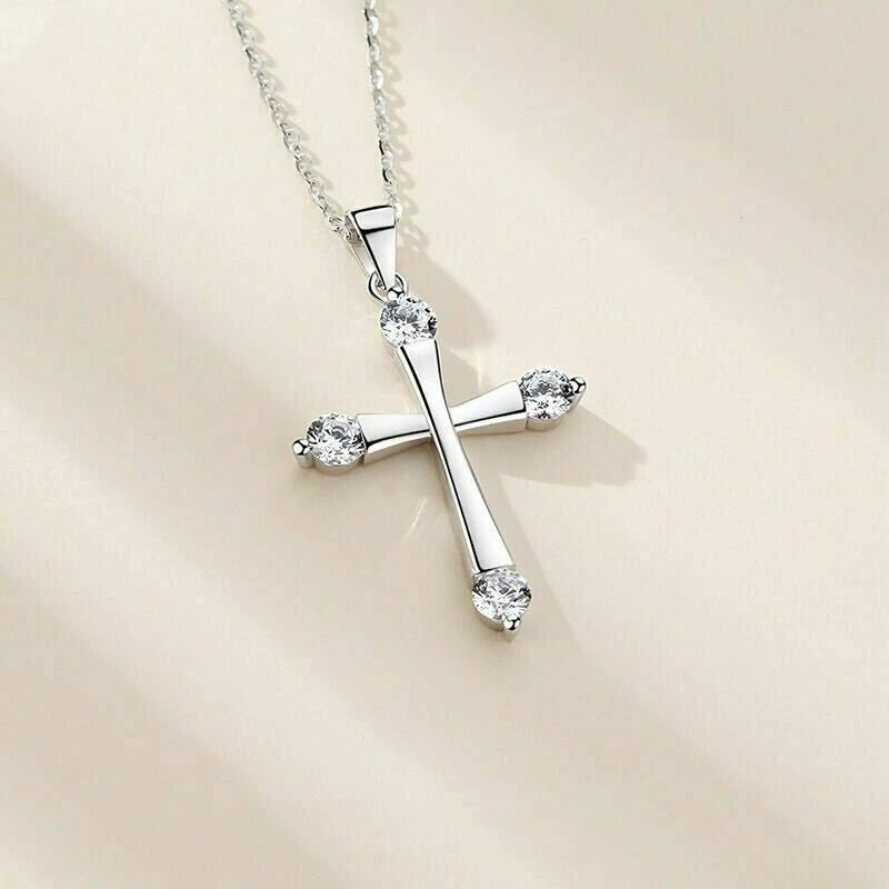 925 Sterling Silver Crystal Cross Pendant Necklace