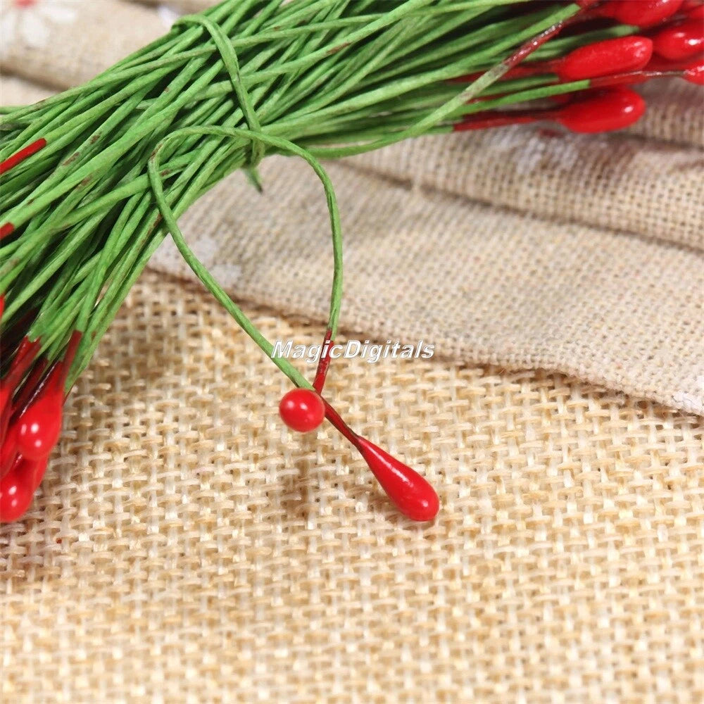 100 Red Artificial Berries Double Head Floral Wire – Wedding Decor