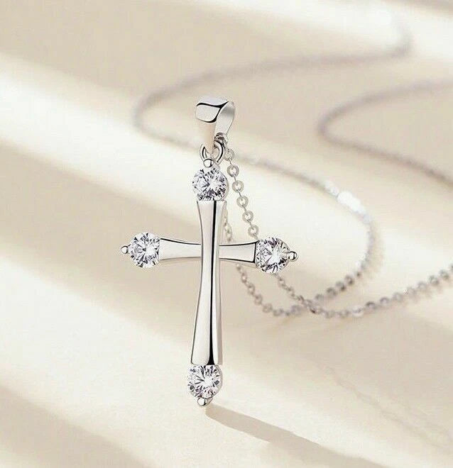 925 Sterling Silver Crystal Cross Pendant Necklace