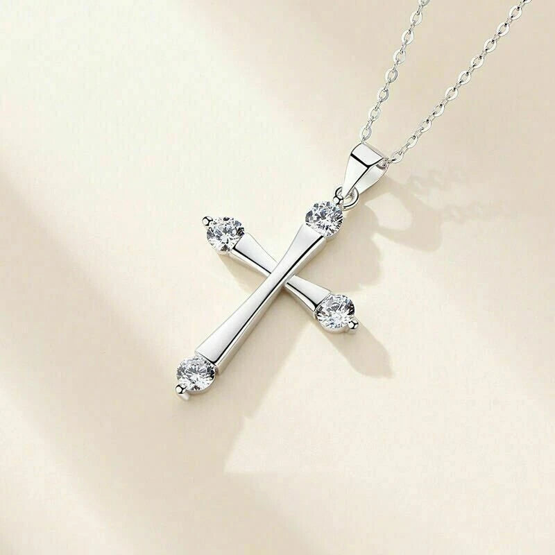925 Sterling Silver Crystal Cross Pendant Necklace