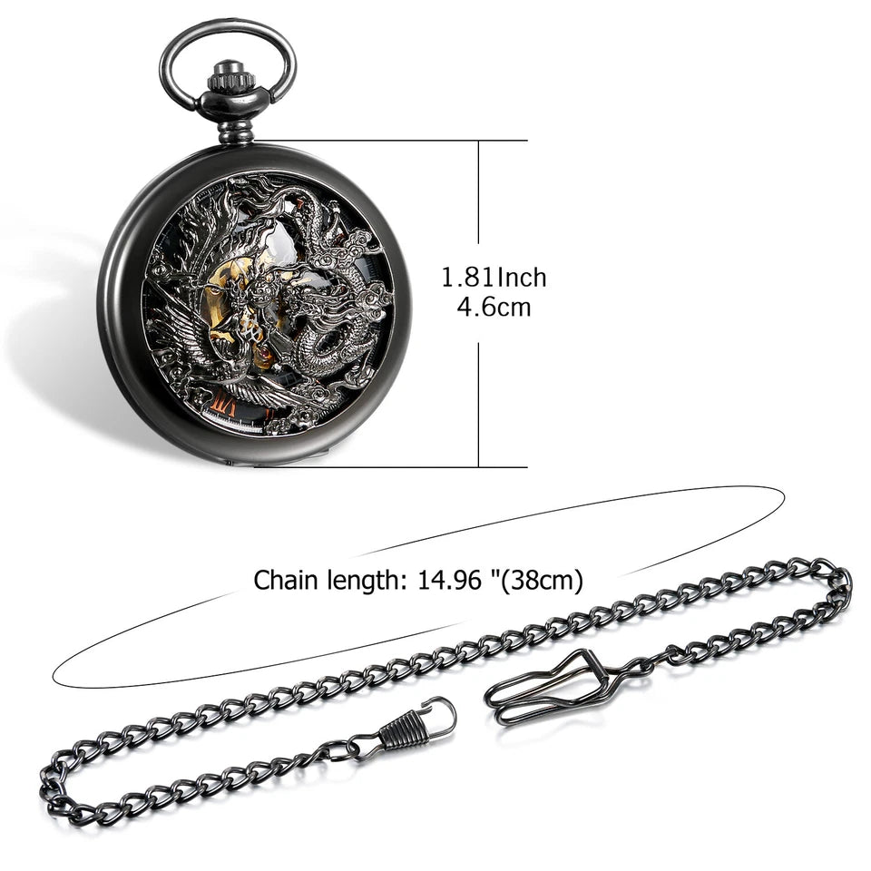 Phoenix & Dragon Skeleton Mechanical Pocket Watch Pendant