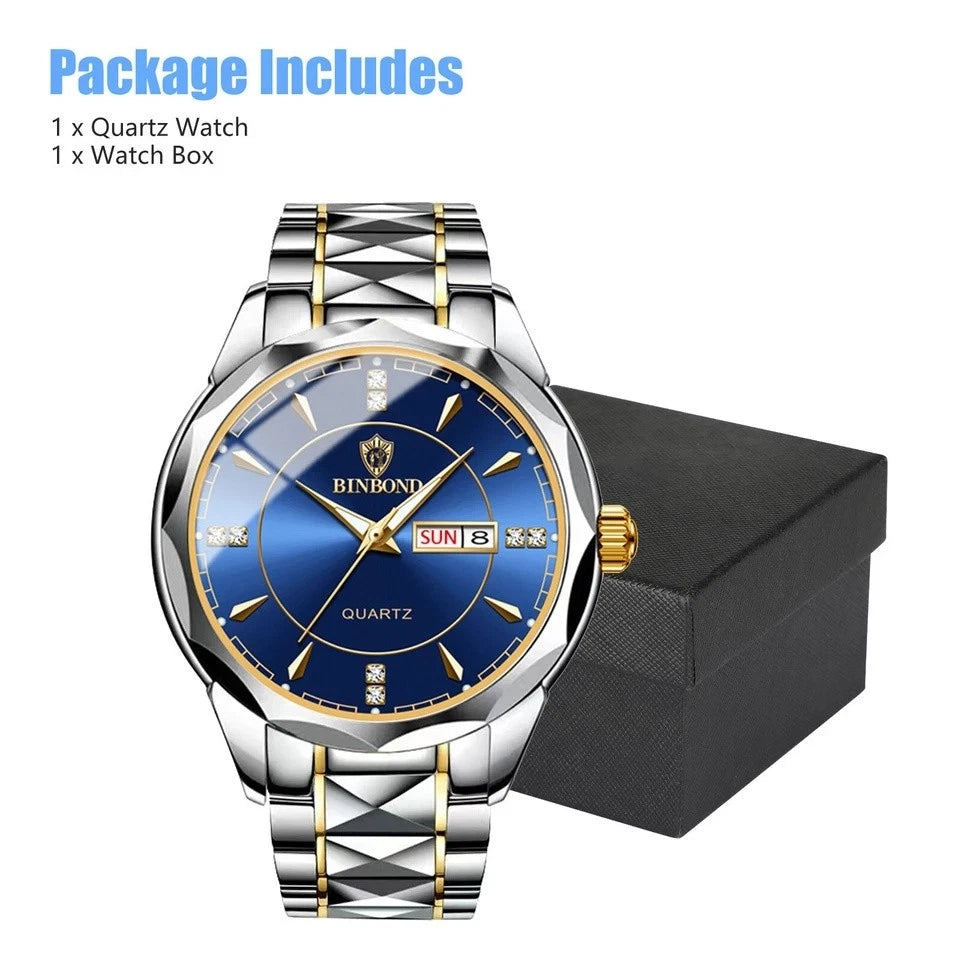 Men’s Waterproof Stainless Steel Quartz Watch - Elegant Luminous Business Wristwatch