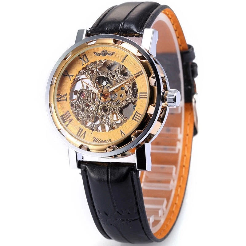 Luxury Men’s Skeleton Mechanical Wrist Watch – Gold Steampunk Design