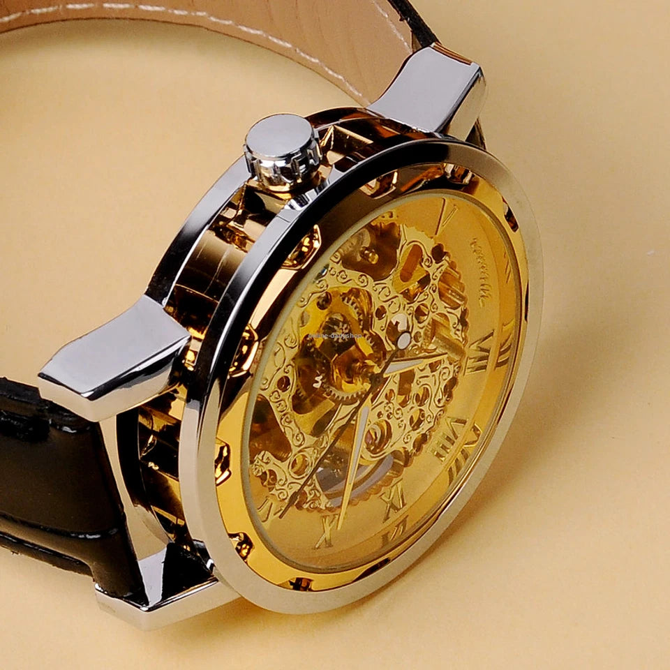 Luxury Men’s Skeleton Mechanical Wrist Watch – Gold Steampunk Design