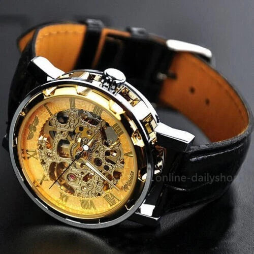Luxury Men’s Skeleton Mechanical Wrist Watch – Gold Steampunk Design