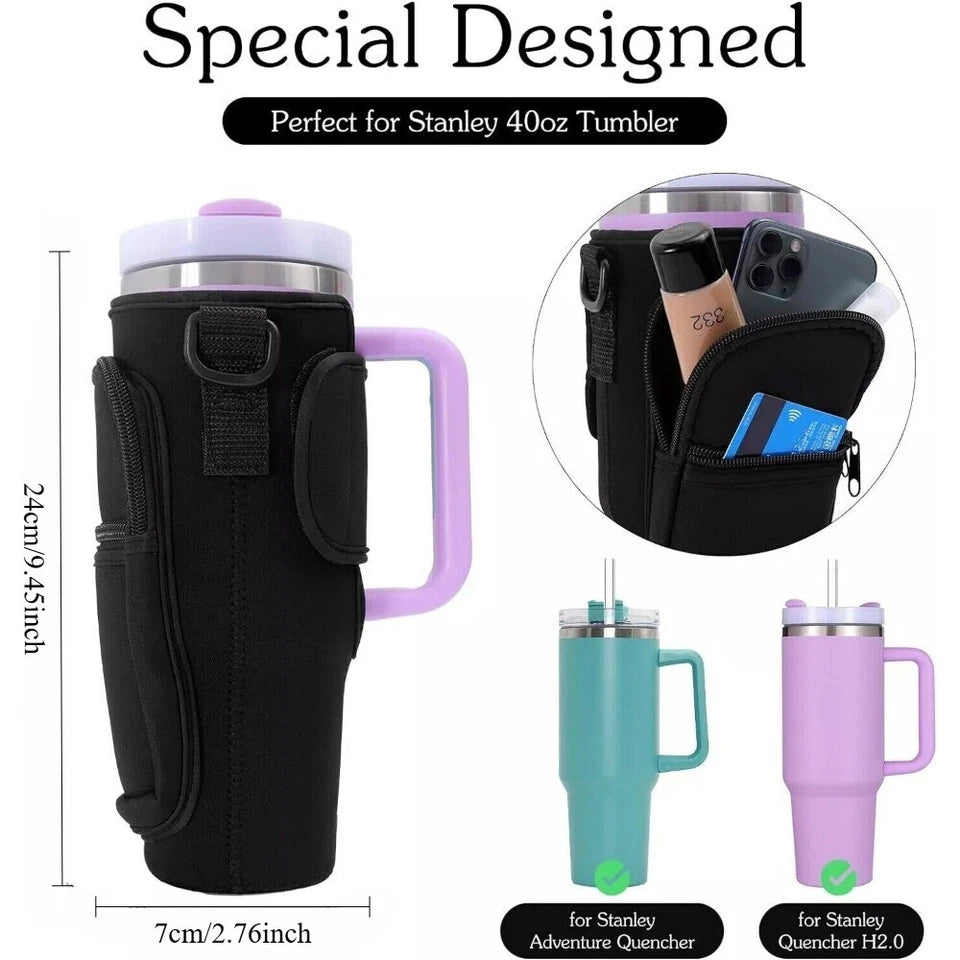 Water Bottle Carrier Bag with Pouch Pocket for Stanley Cup 40 Oz Tumbler