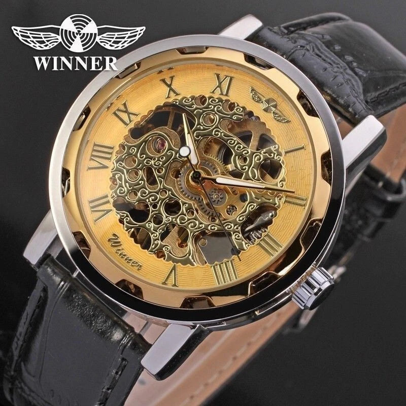 Luxury Men’s Skeleton Mechanical Wrist Watch – Gold Steampunk Design