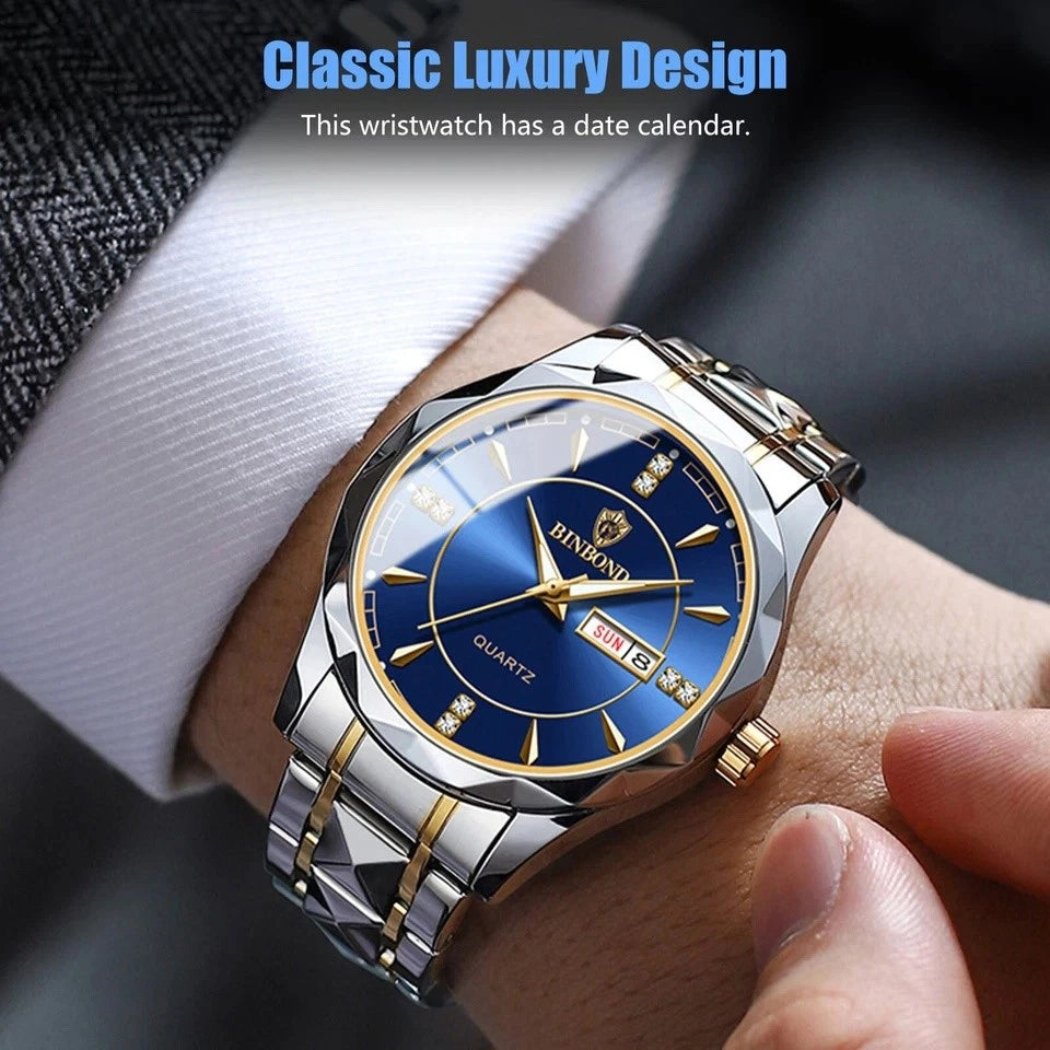 Men’s Waterproof Stainless Steel Quartz Watch - Elegant Luminous Business Wristwatch